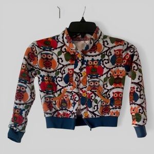 Jelly The Pug Multicolor Owl Print fleece  size 5 Crochet collection bomber